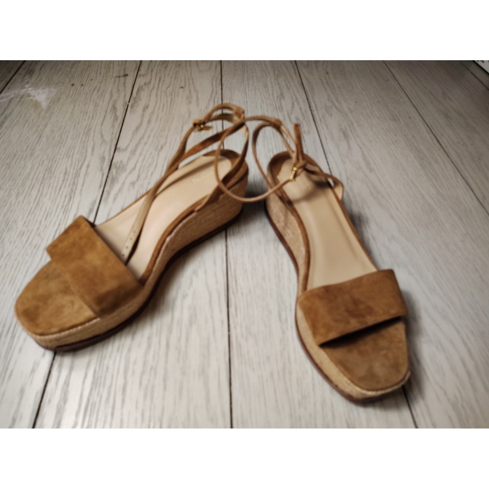 Lauren Ralph Lauren Tan Suede Espadrille Wedge Sandals Gold RL Logo 9.5M